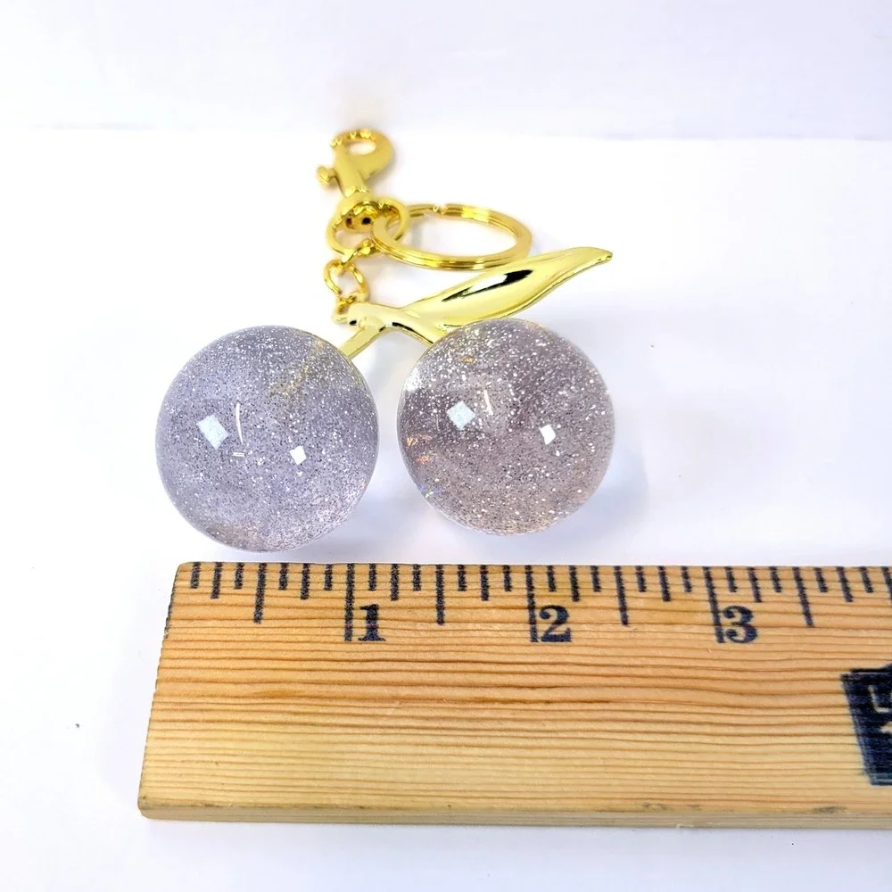 Cherry Keychain Glitter Resin Bag Charm White Gold Women Playful Whimsical NEW